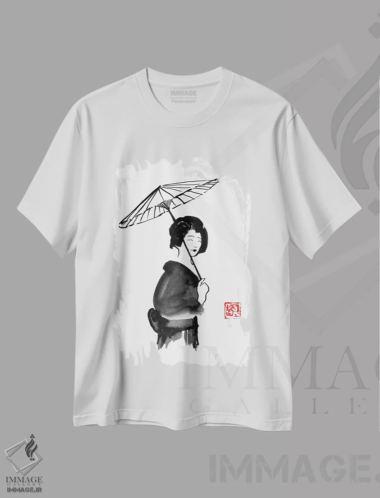 تیشرت سفید طرح دار چتر گیشا، دکور آسیایی اثر پِشان | فروشگاه ایماژ