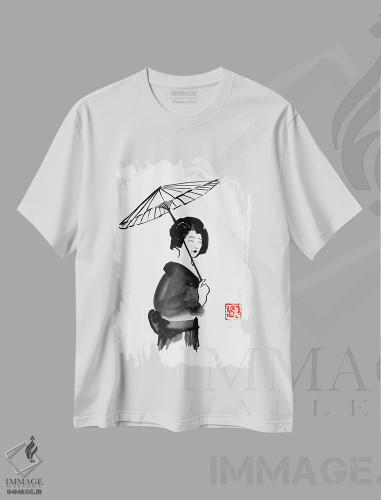 تیشرت سفید طرح دار چتر گیشا، دکور آسیایی اثر پِشان | فروشگاه ایماژ