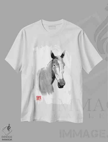 تیشرت سفید طرح دار سر اسب، هنر تزئینی سیاه و سفید اثر پِشان | فروشگاه ایماژ