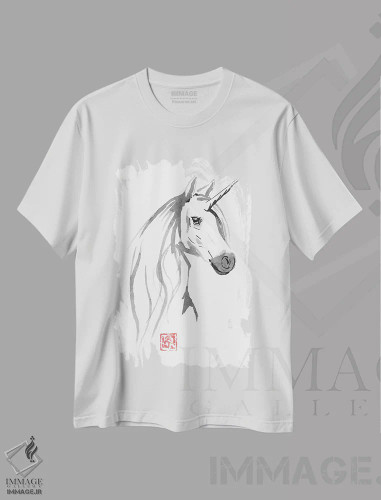 تیشرت سفید طرح دار اسب تک شاخ برای فروش، هنر تزئینی سیاه و سفید اثر پِشان | فروشگاه ایماژ