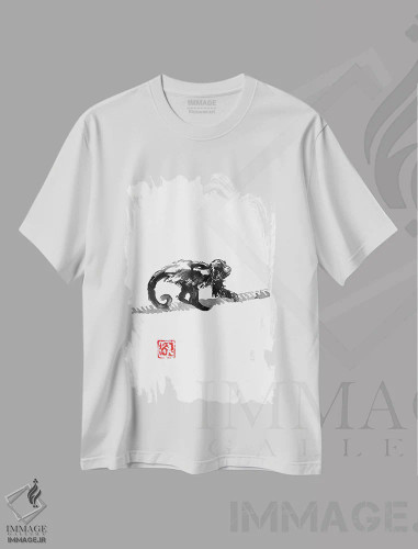 تیشرت سفید طرح دار میمون روی طناب، دکور آسیایی اثر پِشان | فروشگاه ایماژ