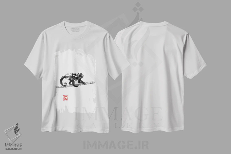 تیشرت سفید طرح دار میمون روی طناب، دکور آسیایی اثر پِشان | فروشگاه ایماژ