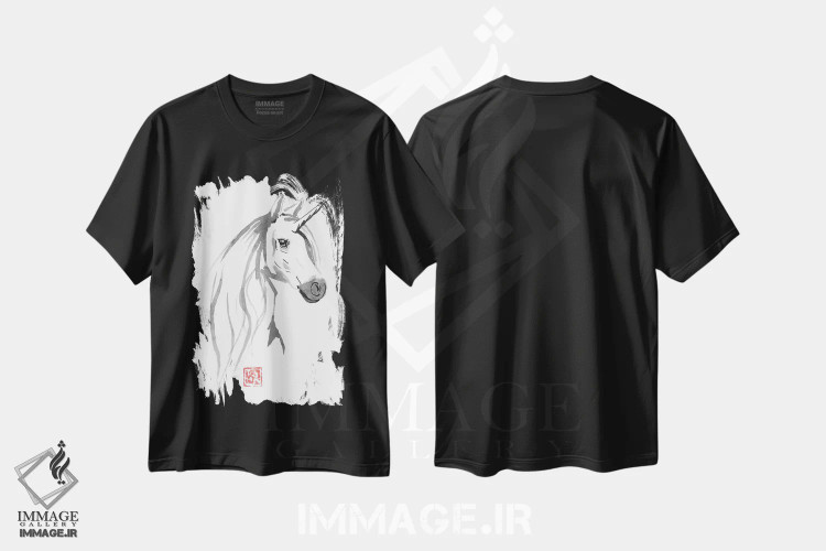 تیشرت مشکی طرح دار اسب تک شاخ برای فروش، هنر تزئینی سیاه و سفید اثر پِشان | immage.ir