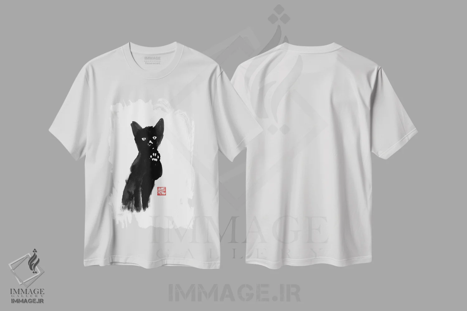 تیشرت سفید طرح دار گربه ای خواهان، هنر تزئینی سیاه و سفید اثر پِشان | فروشگاه ایماژ