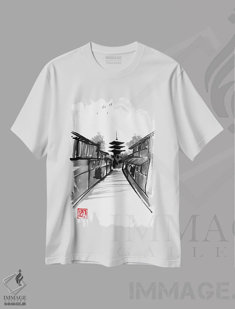 تیشرت سفید طرح دار پاگودا، دکور آسیایی اثر پِشان | فروشگاه ایماژ