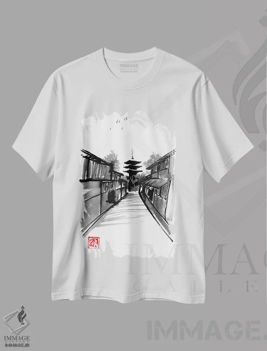 تیشرت سفید طرح دار پاگودا، دکور آسیایی اثر پِشان | فروشگاه ایماژ