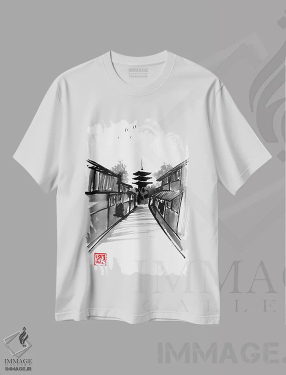 تیشرت سفید طرح دار پاگودا، دکور آسیایی اثر پِشان | فروشگاه ایماژ