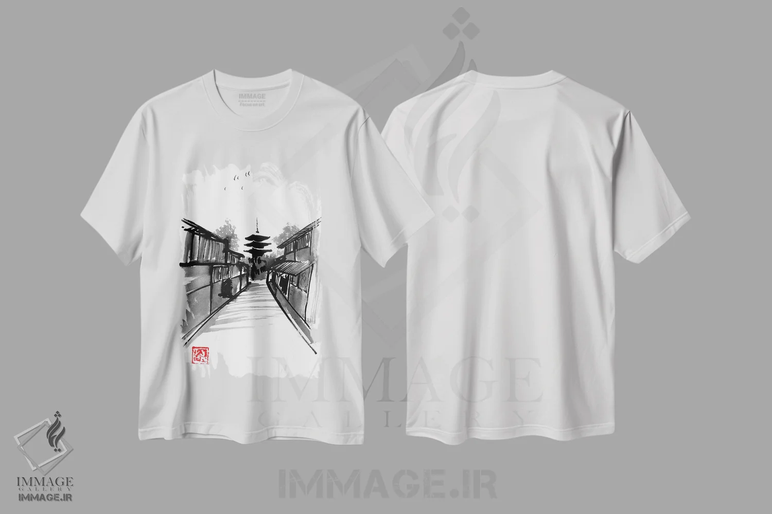 تیشرت سفید طرح دار پاگودا، دکور آسیایی اثر پِشان | فروشگاه ایماژ