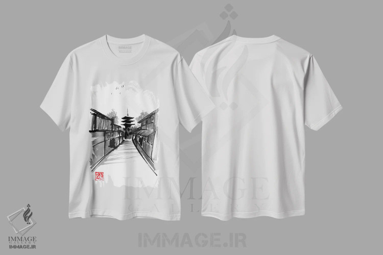 تیشرت سفید طرح دار پاگودا، دکور آسیایی اثر پِشان | فروشگاه ایماژ