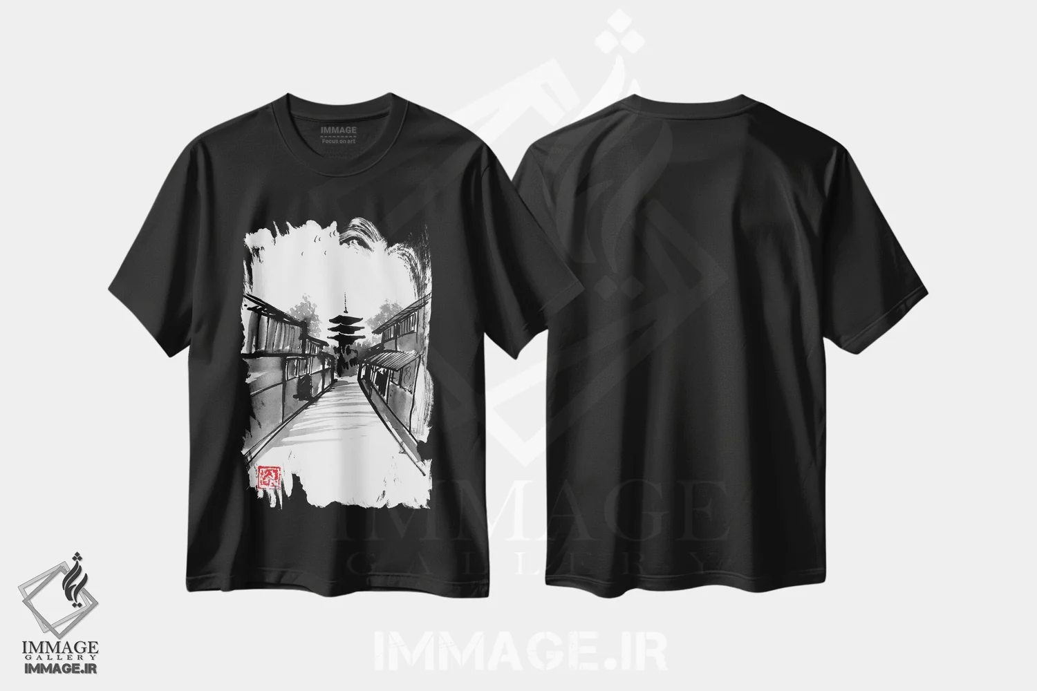تیشرت مشکی طرح دار پاگودا، دکور آسیایی اثر پِشان | immage.ir