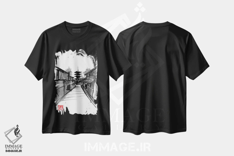 تیشرت مشکی طرح دار پاگودا، دکور آسیایی اثر پِشان | immage.ir