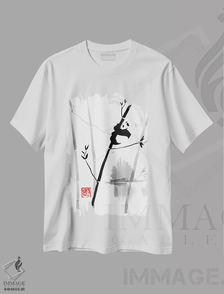 تیشرت سفید طرح دار پاندا روی درخت II، دکور آسیایی اثر پِشان | فروشگاه ایماژ