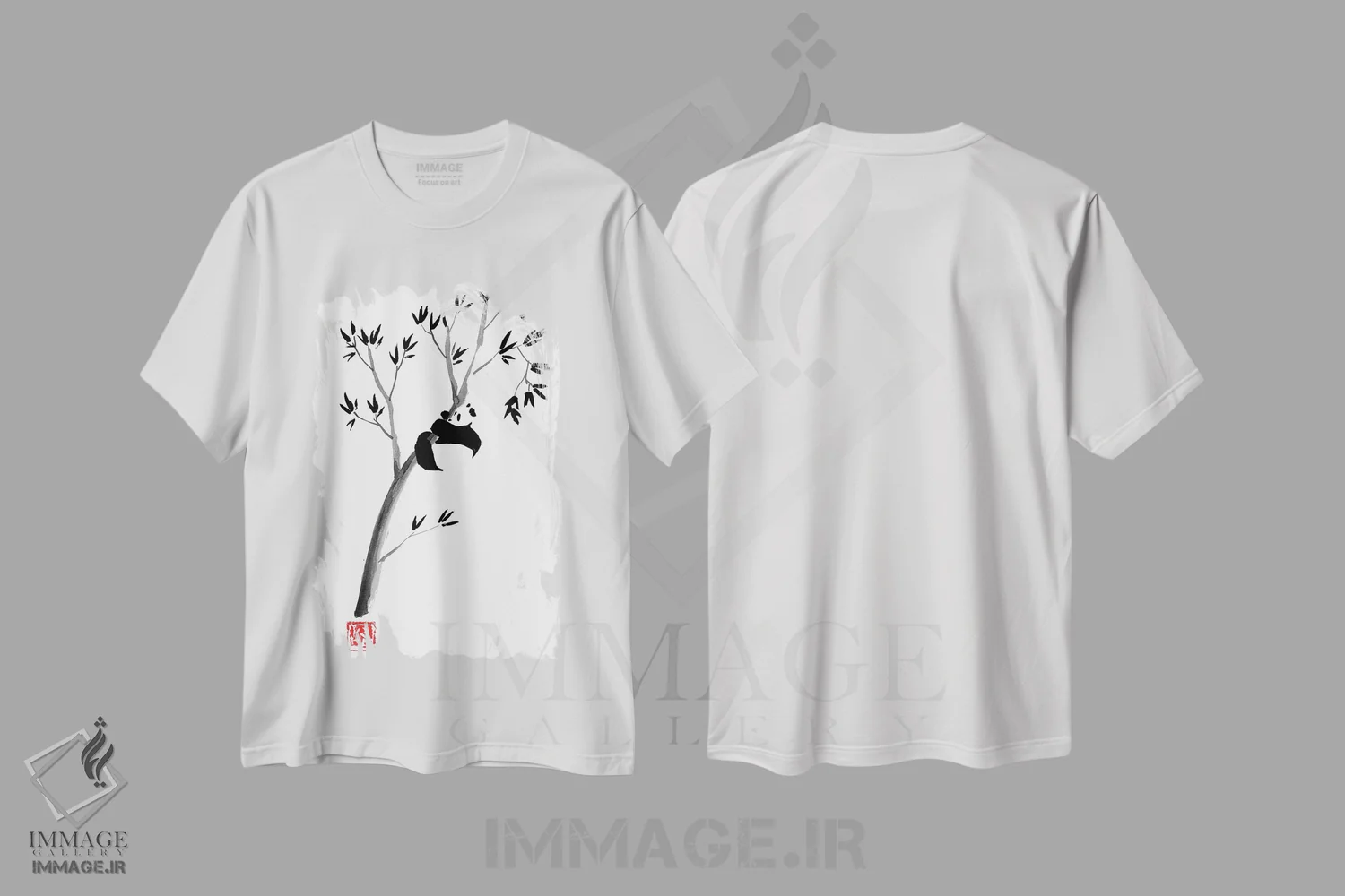 تیشرت سفید طرح دار پاندا روی درخت، دکور آسیایی اثر پِشان | immage.ir