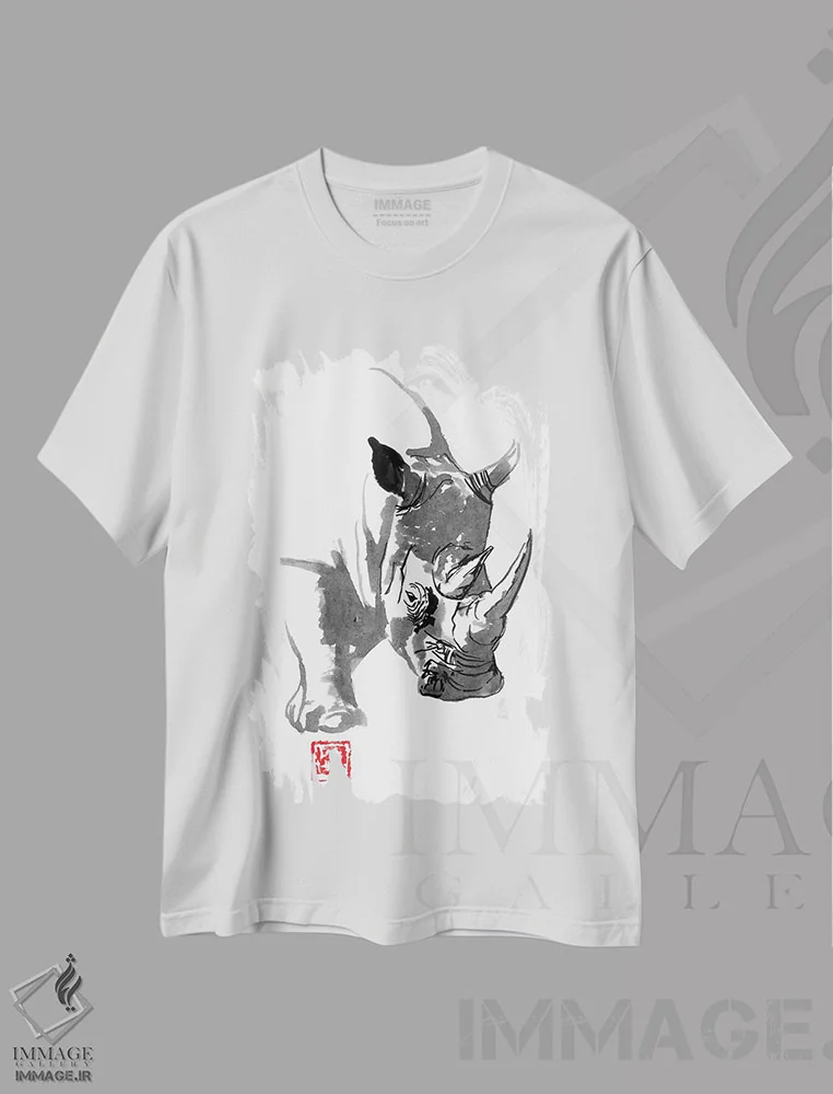 تیشرت سفید طرح دار کرگدن، دکور آسیایی اثر پِشان | فروشگاه ایماژ