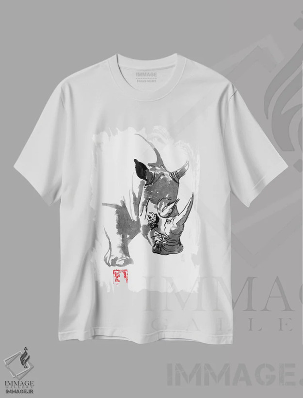 تیشرت سفید طرح دار کرگدن، دکور آسیایی اثر پِشان | فروشگاه ایماژ