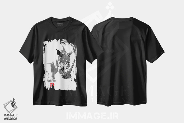 تیشرت مشکی طرح دار کرگدن، دکور آسیایی اثر پِشان | immage.ir