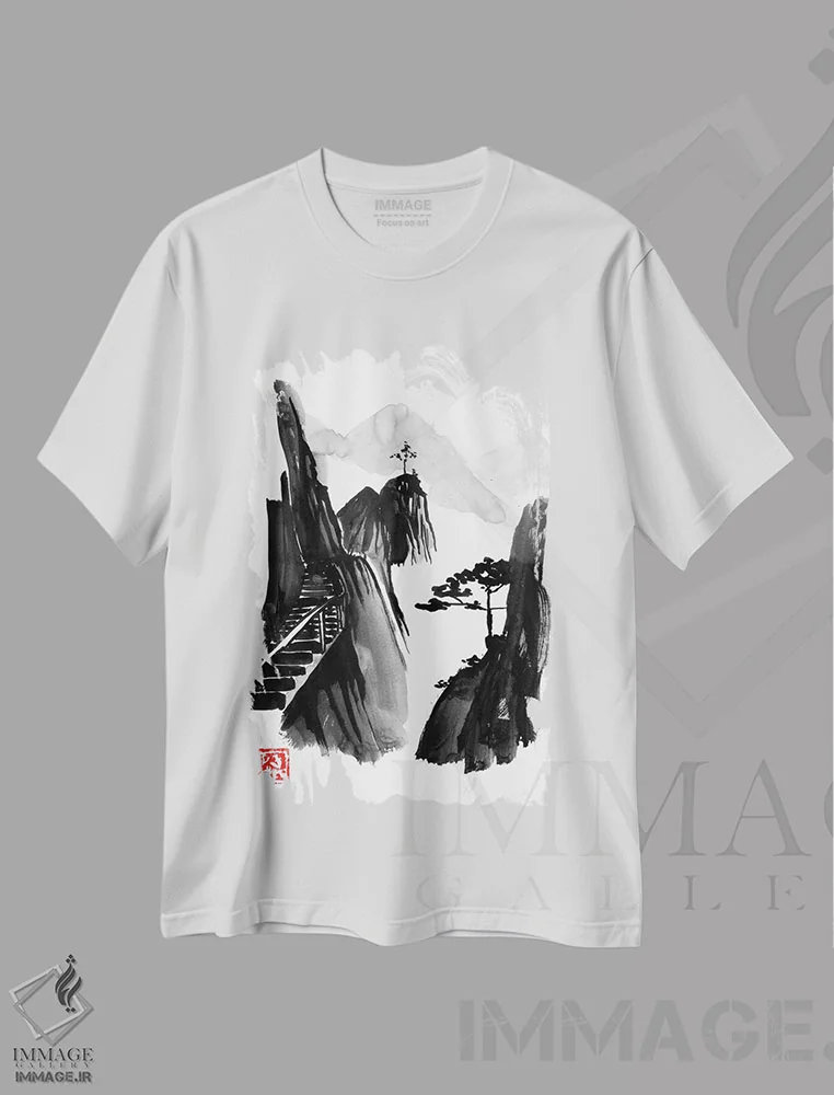 تیشرت سفید طرح دار پله های به سوی بهشت، دکور آسیایی اثر پِشان | فروشگاه ایماژ