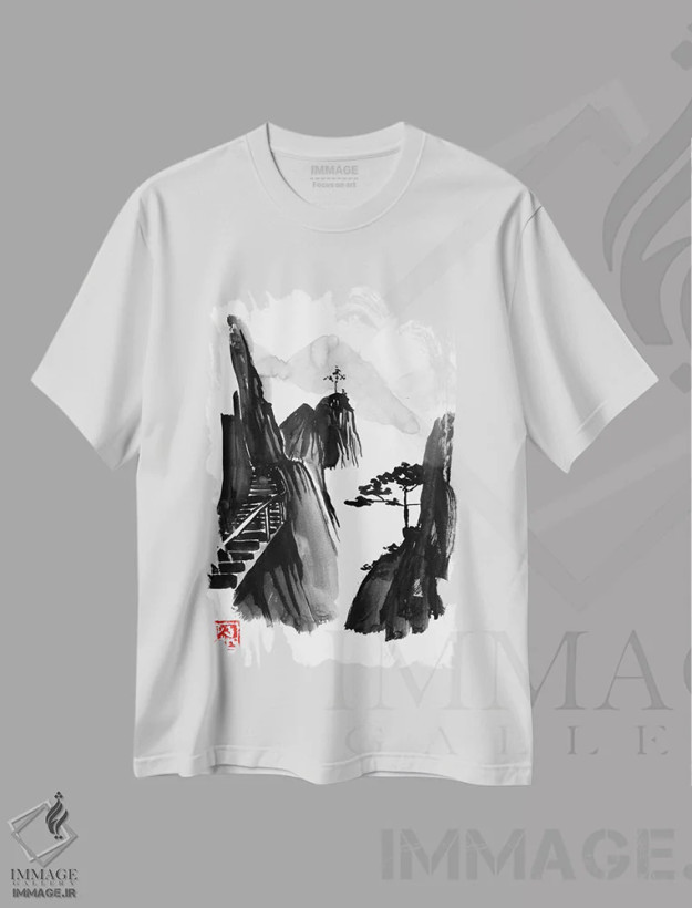 تیشرت سفید طرح دار پله های به سوی بهشت، دکور آسیایی اثر پِشان | فروشگاه ایماژ