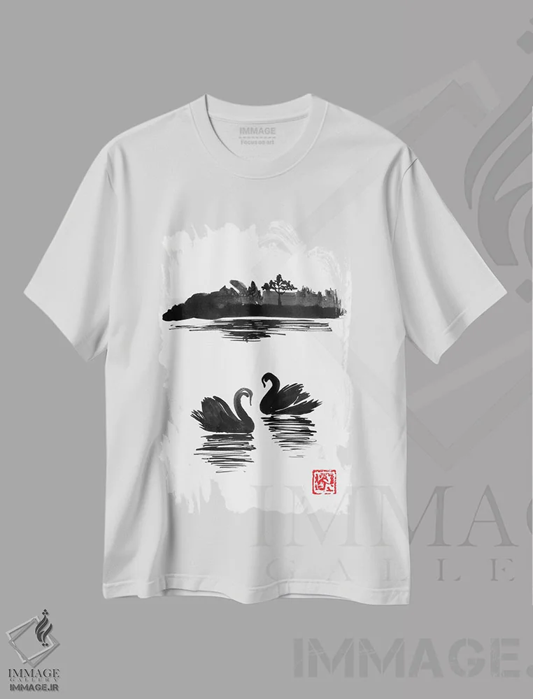 تیشرت سفید طرح دار جزیره قو II، دکور آسیایی اثر پِشان | immage.ir