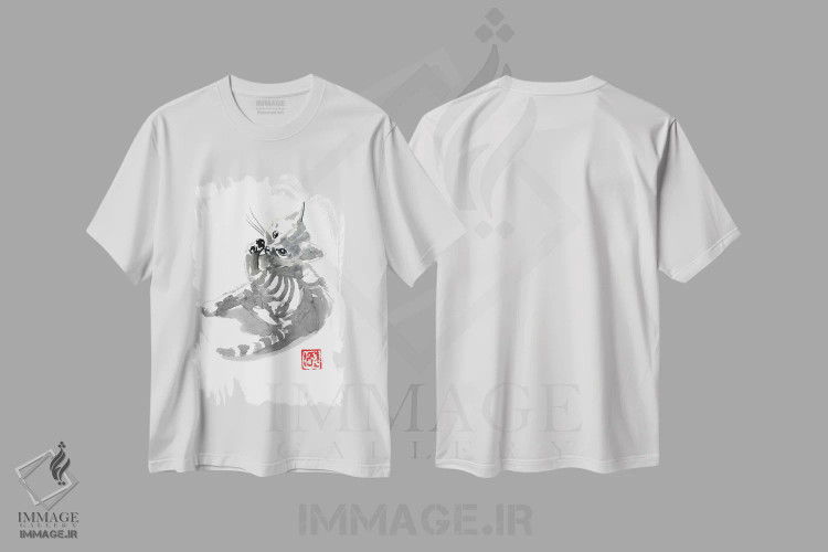 تیشرت سفید طرح دار شستن بچه گربه، دکور آسیایی اثر پِشان | فروشگاه ایماژ