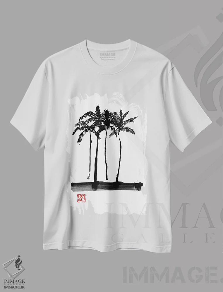 تیشرت سفید طرح دار درختان نخل، تزئینی اثر پِشان | فروشگاه ایماژ