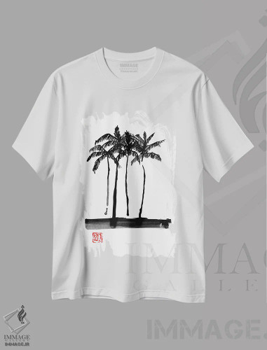 تیشرت سفید طرح دار درختان نخل، تزئینی اثر پِشان | فروشگاه ایماژ