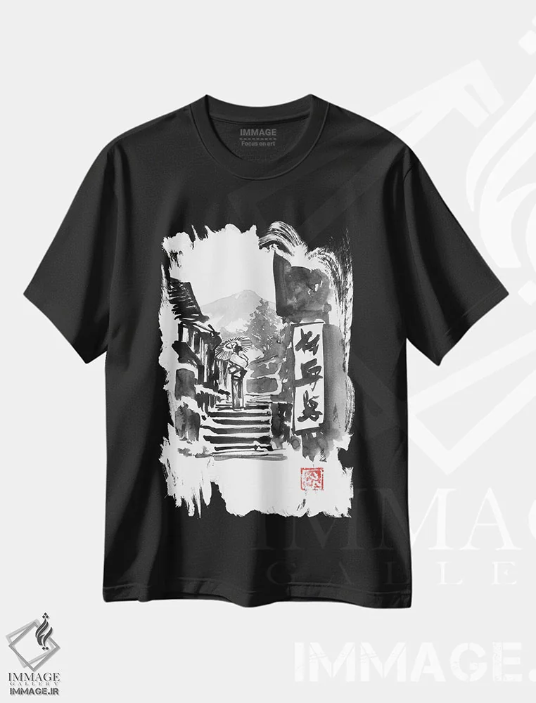 تیشرت مشکی طرح دار گیشا روی پله ها، دکور آسیایی اثر پِشان | فروشگاه ایماژ
