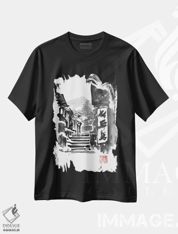 تیشرت مشکی طرح دار گیشا روی پله ها، دکور آسیایی اثر پِشان | فروشگاه ایماژ