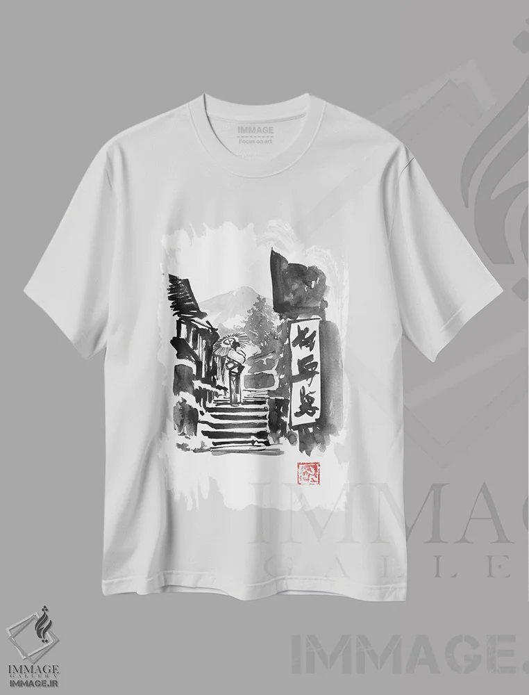 تیشرت سفید طرح دار گیشا روی پله ها، دکور آسیایی اثر پِشان | immage.ir