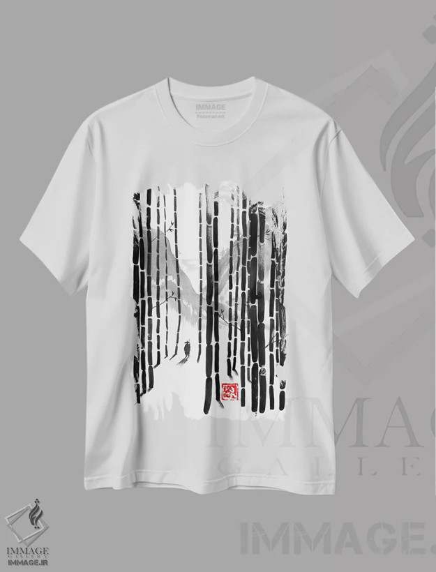 تیشرت سفید طرح دار سفر به کوه، دکور آسیایی اثر پِشان | فروشگاه ایماژ