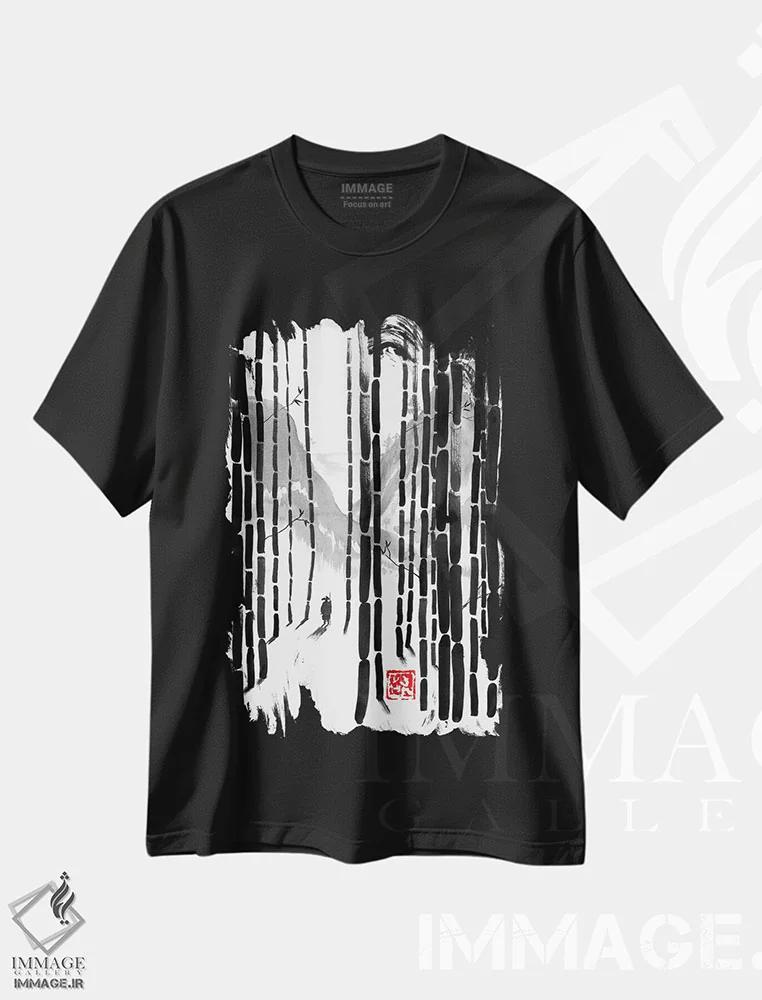 تیشرت مشکی طرح دار سفر به کوه، دکور آسیایی اثر پِشان | immage.ir