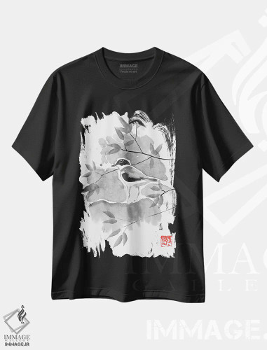 تیشرت مشکی طرح دار پرنده ای در درخت II، دکور آسیایی اثر پِشان | فروشگاه ایماژ