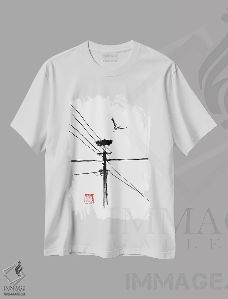 تیشرت سفید طرح دار پرواز در حال پرواز لک لک، دکور آسیایی اثر پِشان | فروشگاه ایماژ