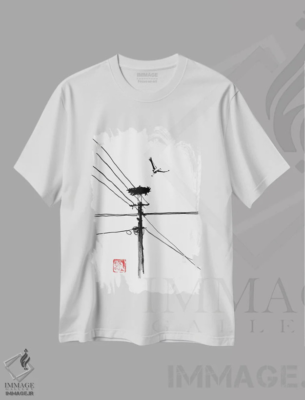 تیشرت سفید طرح دار پرواز در حال پرواز لک لک، دکور آسیایی اثر پِشان | فروشگاه ایماژ