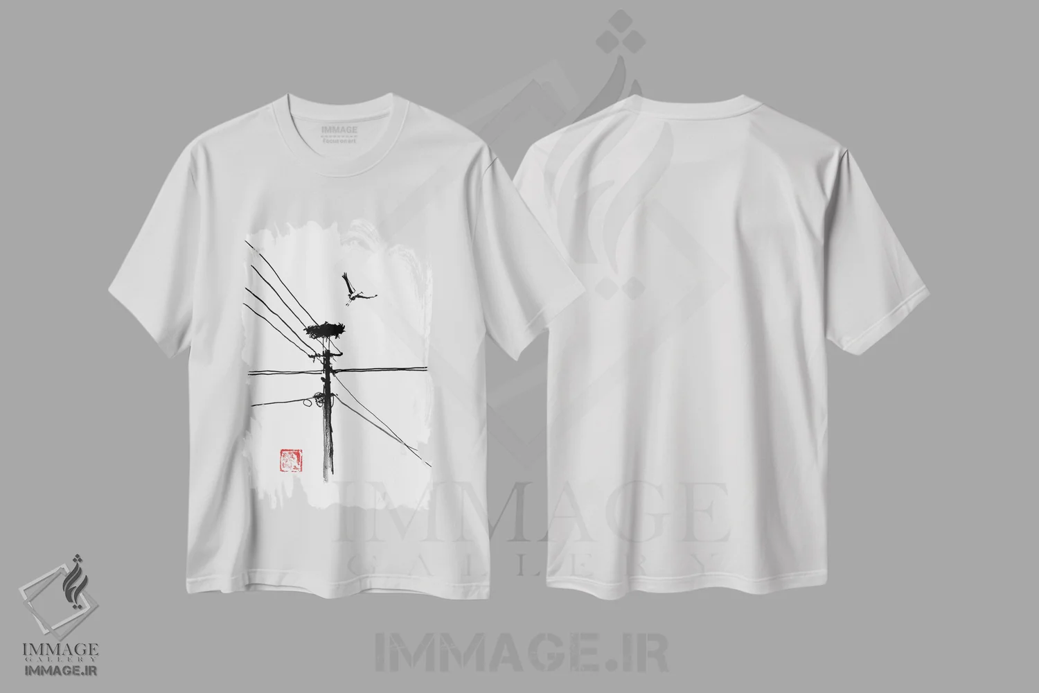 تیشرت سفید طرح دار پرواز در حال پرواز لک لک، دکور آسیایی اثر پِشان | فروشگاه ایماژ