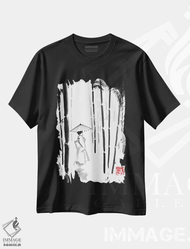 تیشرت مشکی طرح دار گیشا در جنگل بامبو، دکور آسیایی اثر پِشان | فروشگاه ایماژ