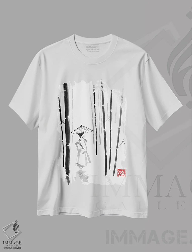 تیشرت سفید طرح دار گیشا در جنگل بامبو، دکور آسیایی اثر پِشان | immage.ir