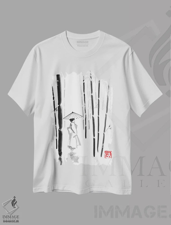 تیشرت سفید طرح دار گیشا در جنگل بامبو، دکور آسیایی اثر پِشان | immage.ir