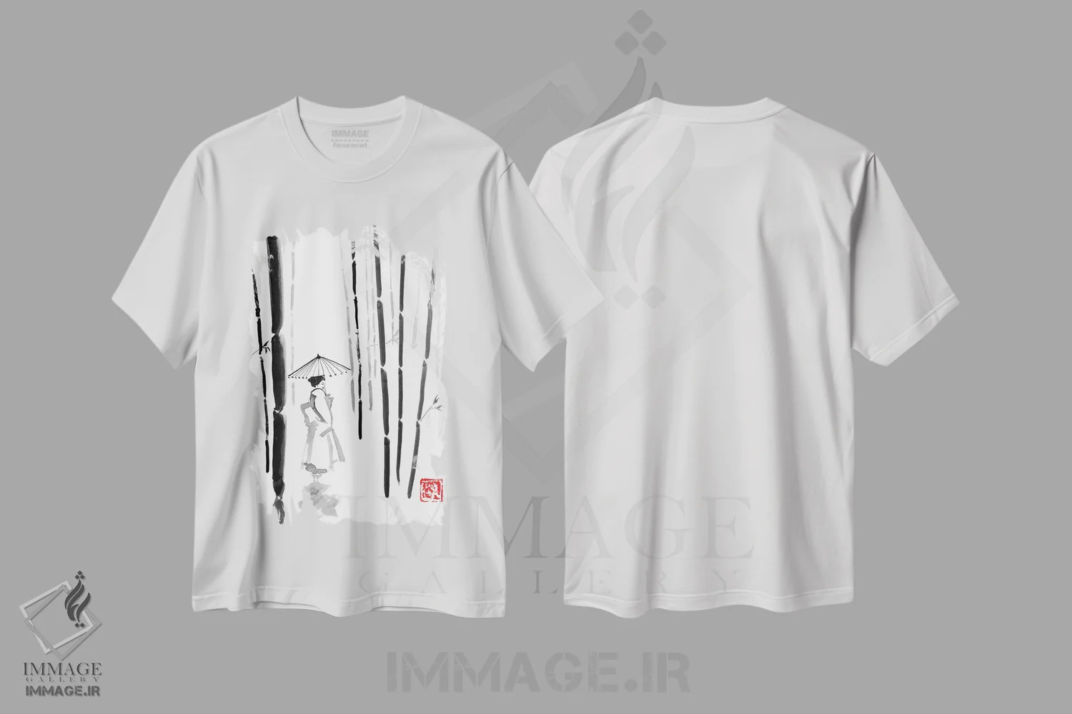 تیشرت سفید طرح دار گیشا در جنگل بامبو، دکور آسیایی اثر پِشان | immage.ir