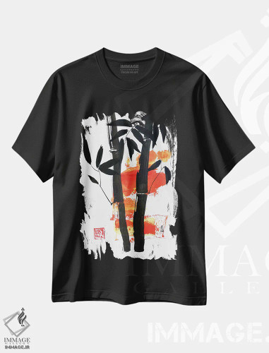 تیشرت مشکی طرح دار بامبو به رنگ زرد، دکور آسیایی اثر پِشان | فروشگاه ایماژ