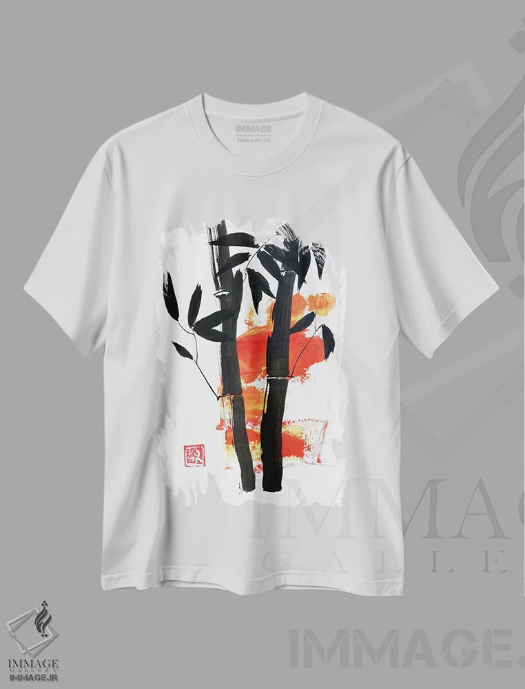 تیشرت سفید طرح دار بامبو به رنگ زرد، دکور آسیایی اثر پِشان | immage.ir