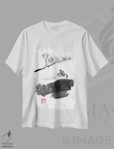 تیشرت سفید طرح دار فوجی و هیولا، دکور آسیایی اثر پِشان | فروشگاه ایماژ