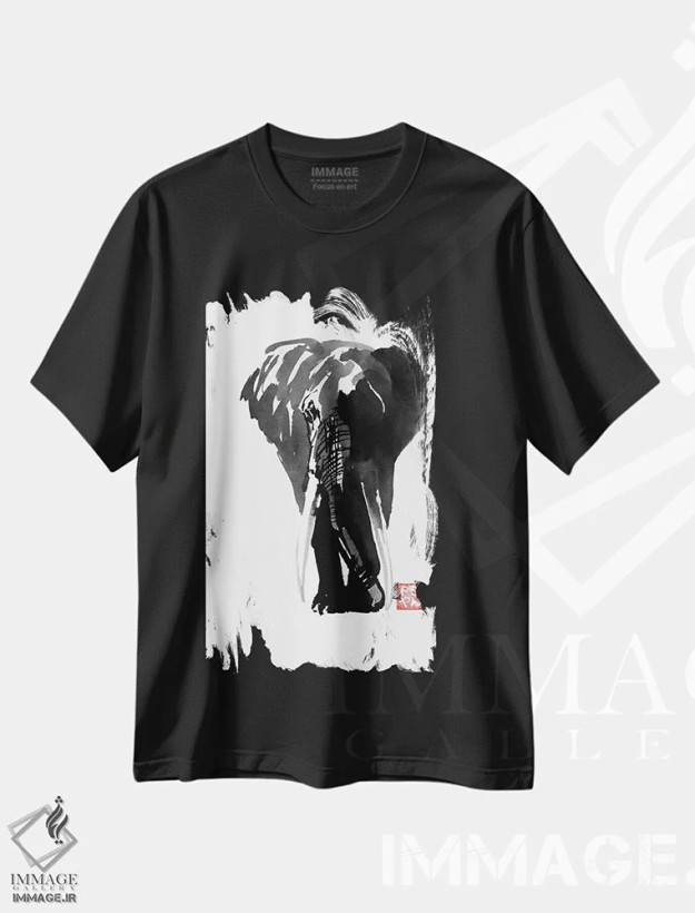 تیشرت مشکی طرح دار فیل، دکور آسیایی اثر پِشان | فروشگاه ایماژ