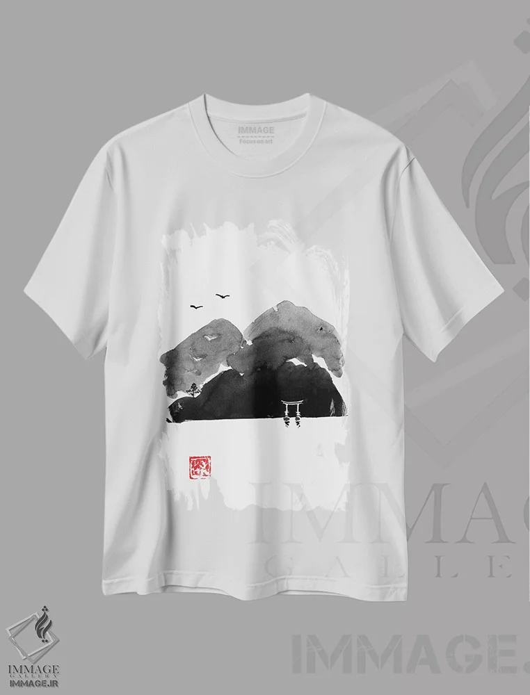 تیشرت سفید طرح دار دروازه کوه، آبستره اثر پِشان | فروشگاه ایماژ