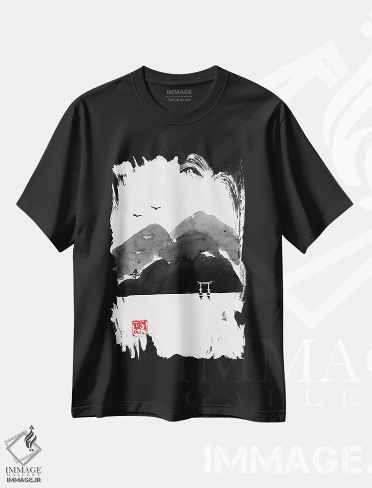 تیشرت مشکی طرح دار دروازه کوه، آبستره اثر پِشان | immage.ir