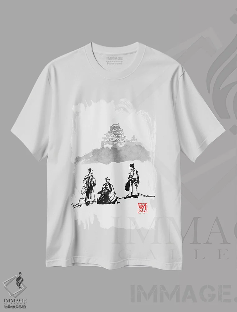 تیشرت سفید طرح دار سه سامورایی، دکور آسیایی اثر پِشان | فروشگاه ایماژ