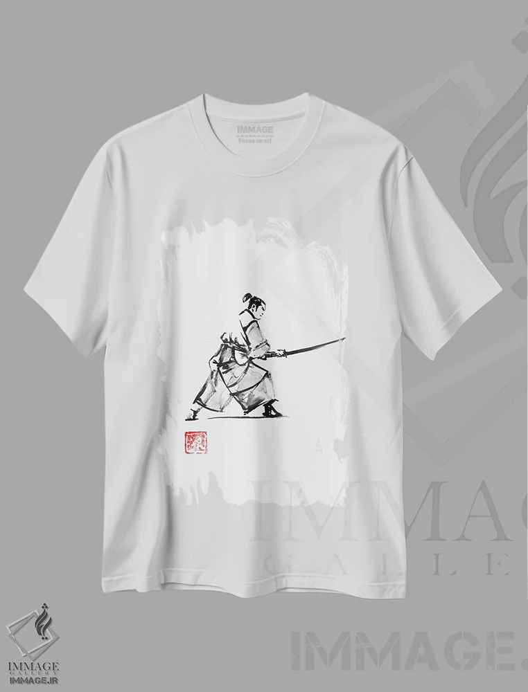 تیشرت سفید طرح دار سامورایی آماده، دکور آسیایی اثر پِشان | immage.ir