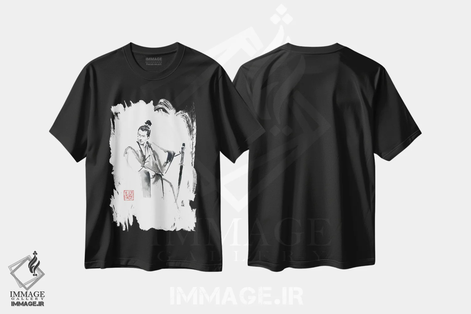 تیشرت مشکی طرح دار سامورایی نشسته، دکور آسیایی اثر پِشان | immage.ir