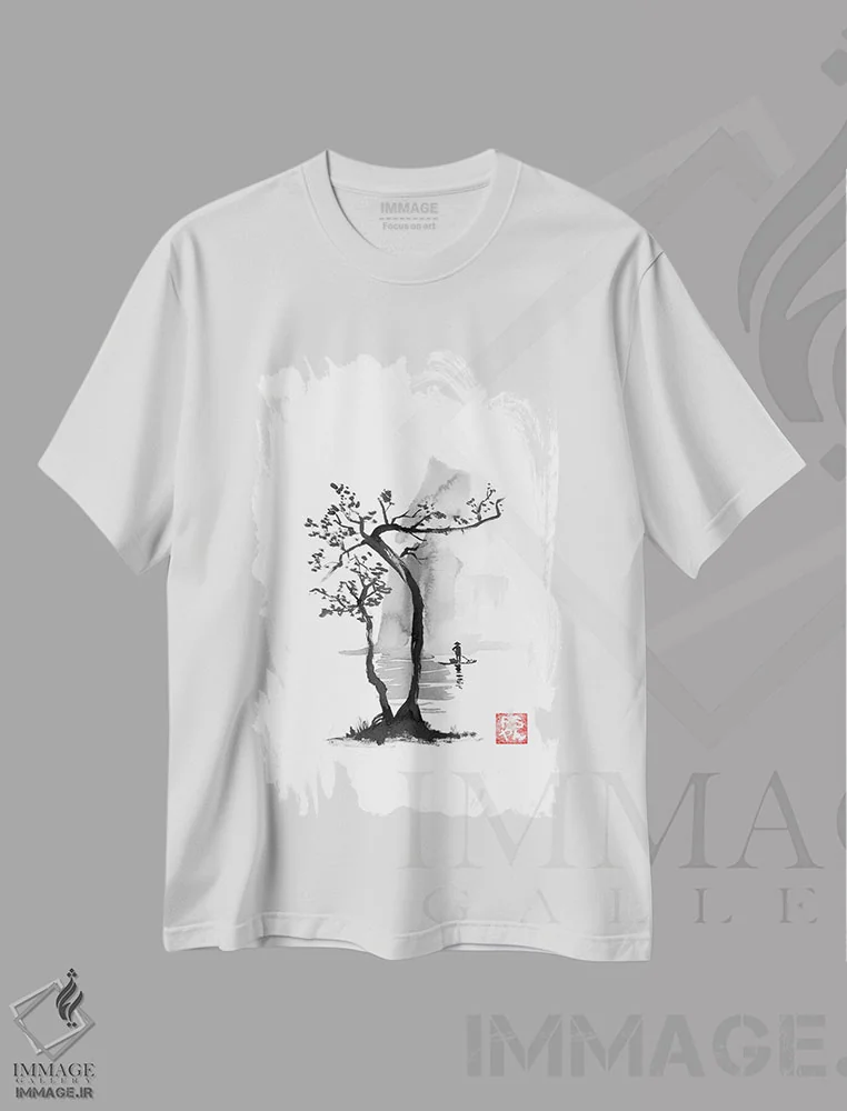 تیشرت سفید طرح دار ماهیگیر، دکور آسیایی اثر پِشان | فروشگاه ایماژ