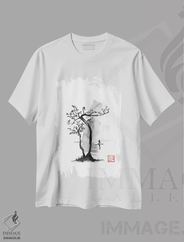 تیشرت سفید طرح دار ماهیگیر، دکور آسیایی اثر پِشان | فروشگاه ایماژ